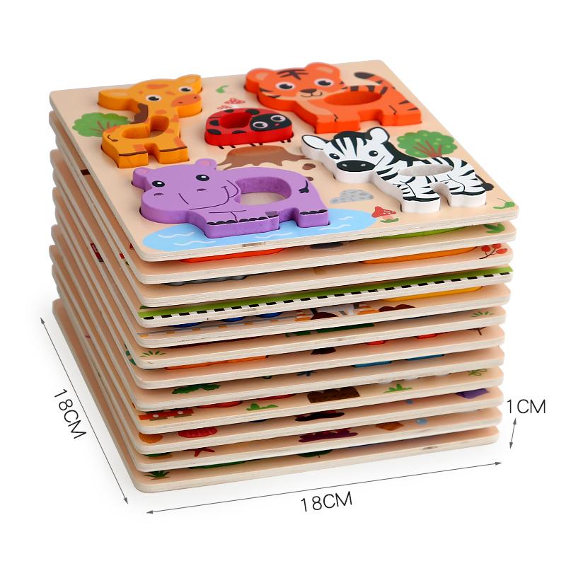 Montessori 3D Holzpuzzle Cartoon Tiere Muster Legespiel Kinder Lernspielzeug Geschenke für Kinder