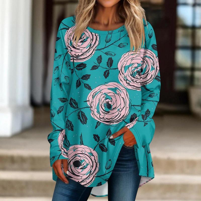 

Жіноча повсякденна футболка з круглим принтом і довгими рукавами великих розмірів, верхній пуловер, жіночі футболки 4XL небо синє кольору