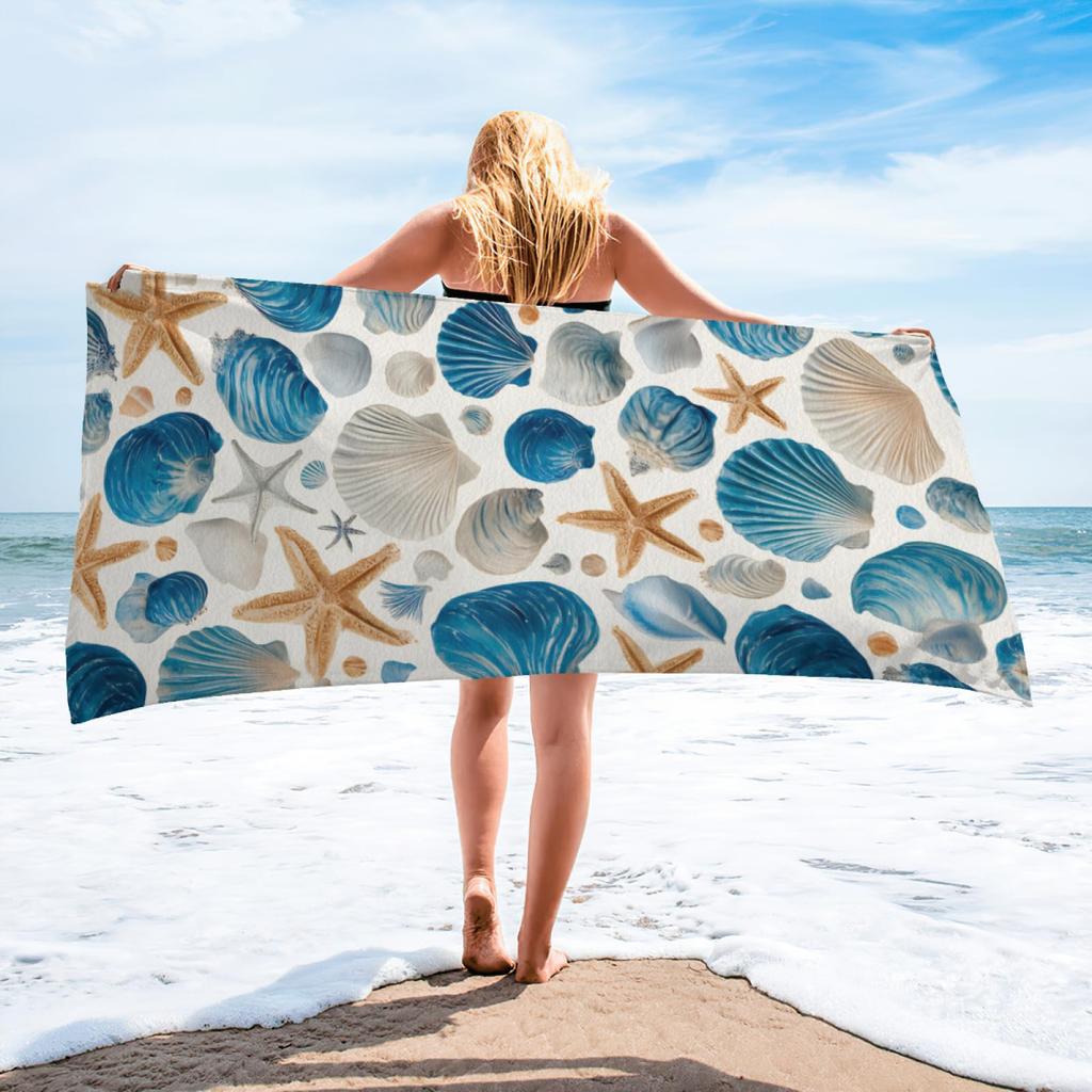 Oversized Blue Seashell Starfish Beach Towel Quick Dry Microfiber Lightweight Travel Pool Towel for Adults Kids