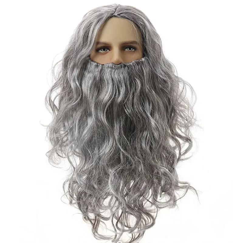 Santa Claus Wig Beard Full Set Jesus Wig European and American Long Curly Hair Christmas Wig Beard Set