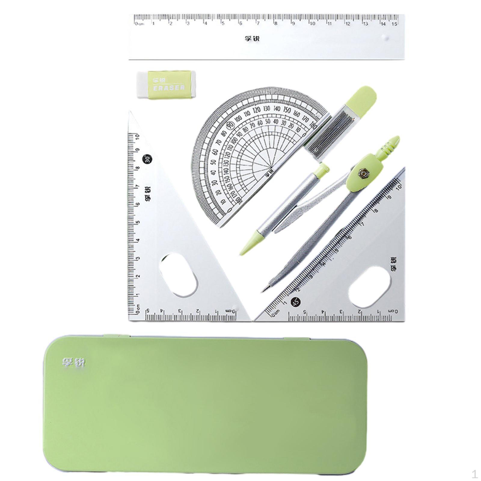 Math Geometry Kits Compass Portable Drafting Tools for Office Teachers Kids Home Green Closed Box