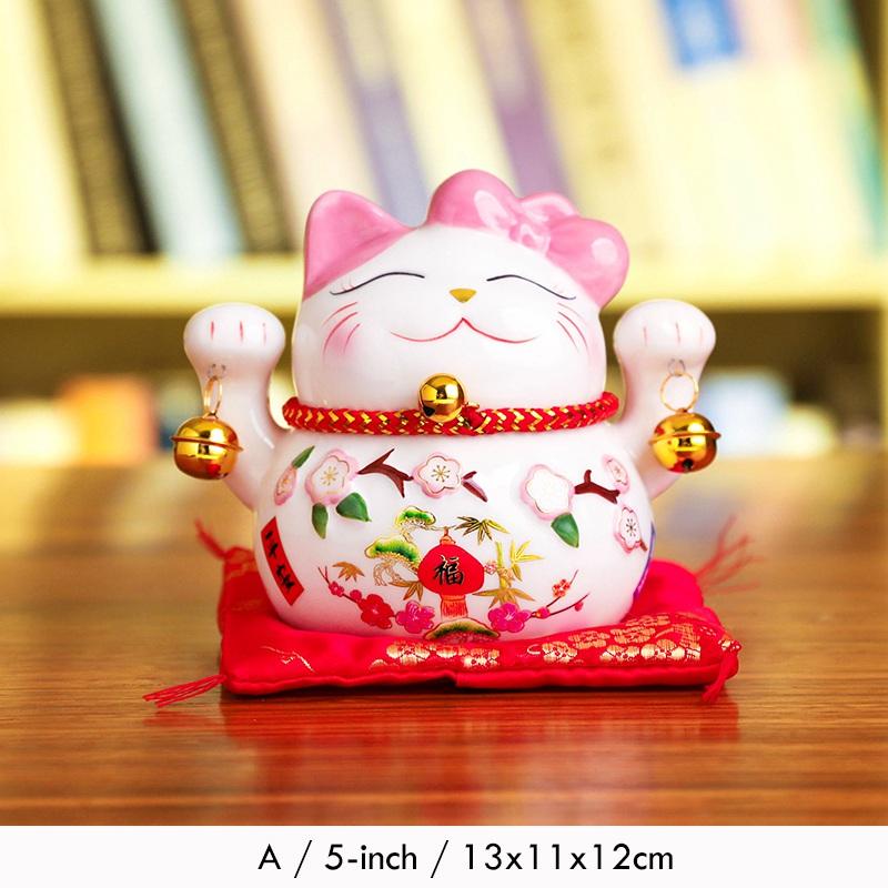 5 colių „Maneki Neko Lucky Cat“ ornamentas, keramikinis „Fortūnos katės“ statula Namų dekoratyvinė dovana „Feng shui Beckoning Cat Piggy Bank“