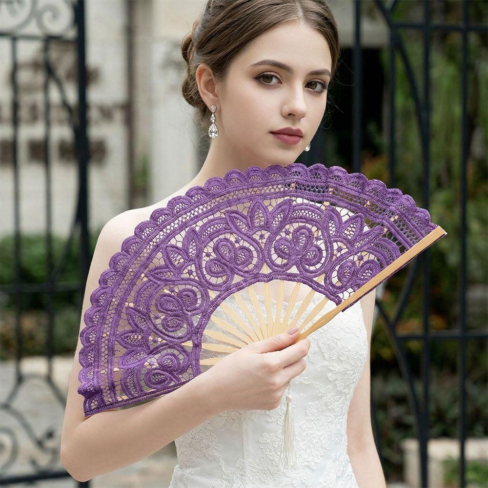 Hollow Ribs Embroidered Folding Fan Tassel Pendant Dance Handheld  Fan  Dance Performance