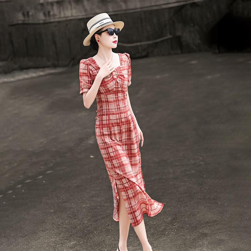 Lanser Women s 2026 Summer French Retro Plaid Midi Dress L