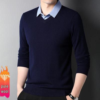 100% Pure Wool Men's Knitted Two-Piece Look Sweater - Versatile Casual for Fall/Winter, Suitable for Middle-Aged and Young Men