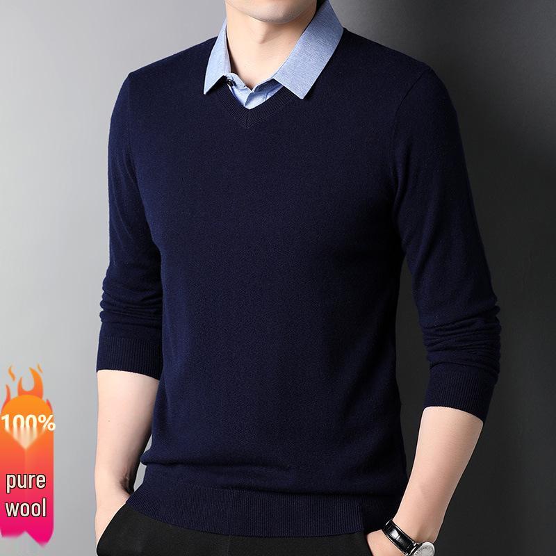 

100% Pure Wool Men s Knitted Two-Piece Look Sweater - Versatile Casual for Fall/Winter, Suitable for Middle-Aged and Young Men Large світлого кольору хакі