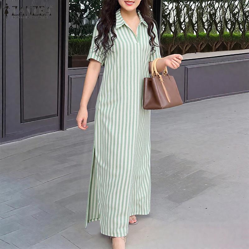 ZANZEA Rochie de cămașă de vară casual pentru femei, cu guler rabatat, largă, cu mâneci scurte