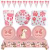 Pink Pet Dog Party Plate Cup Napkin Tablecloth Pet Paw Tableware Set Dog Party Decor Puppy Dog Birthday Party Decor Supplies