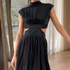 Women Spring Sleeveless Solid Color Slim Short Dress Summer Casual A-Line Stand Collar High Waist Dresses S-XL