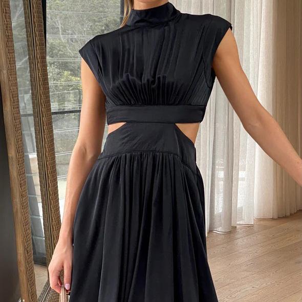 Women Spring Sleeveless Solid Color Slim Short Dress Summer Casual A-Line Stand Collar High Waist Dresses S-XL