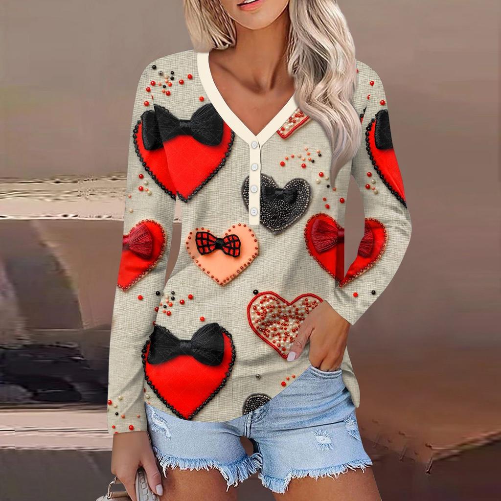 Damen Valentinstag Liebesherz Print Mode Lässig Langarm V-Ausschnitt Knopfhals Oberteil