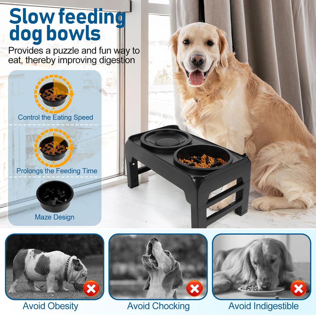 Elevated Dog Bowls, 2-in-1 Raised Slow Feeder Dog Bowls Stand with Anti Spill Water Bowl 4 Height for Large Medium Dogs,