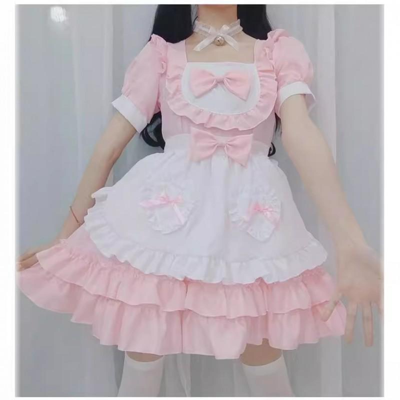 Japanese Sweet Maid Dress Pink Cosplay Costume Halloween Anime Role Play