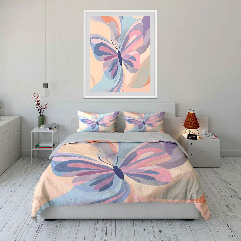 3Pcs Pastel Abstract Butterfly Bedding Set,Soft Watercolor Butterfly In Blue,Pink and Purple Print Duvet Cover + 2 Pillowcases