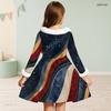 Girls High Neck Long Sleeve Tropical Leaf Printed A Line Flared Dress With Waist Bow And Furry Trim