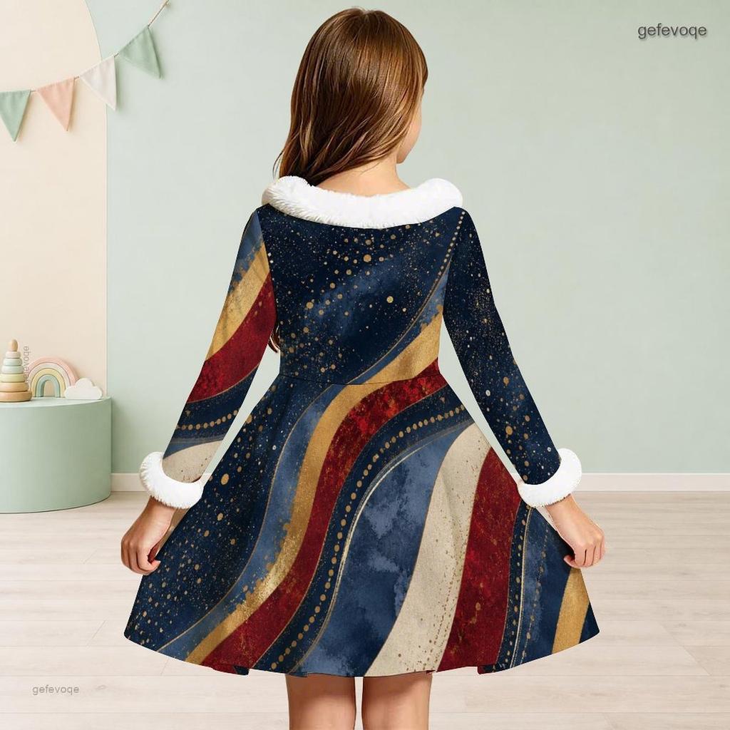 Girls High Neck Long Sleeve Tropical Leaf Printed A Line Flared Dress With Waist Bow And Furry Trim