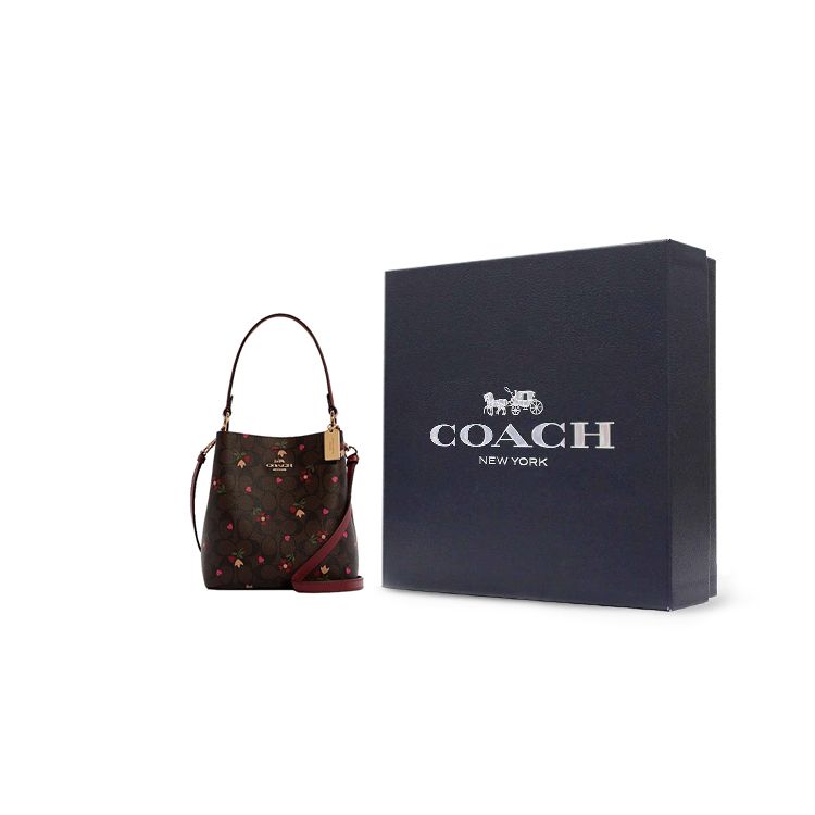 Coach Town 22 Classic Monogram Heart Floral Print Canvas And Leather Bucket Bag Women Handbags Brown Burgundy C7975-IMBMC