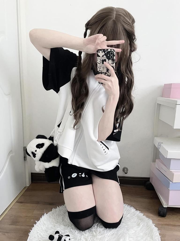 ZYOOFOV and Hoodie Short Subculture Panda Harajuku Plus School Style Women's Tracksuit, Pants, Shorts, Set, Sleeve, Unisex, Style, Zip-Up, Cute,