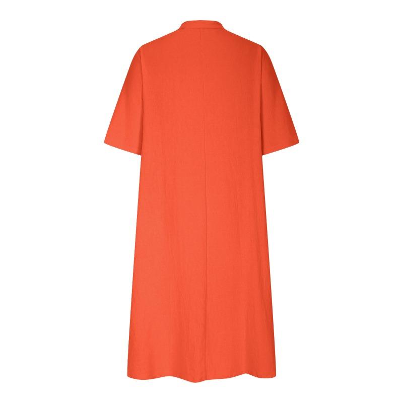 Long V-neck Half-sleeve Loose Version Three-button Dress