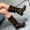 Fashion Comemore Chunky Heel Buckle Vintage Fashion Motorcycle Knee High Mid Calf Boots Shoes Leather New Platform Biker Boots for Women