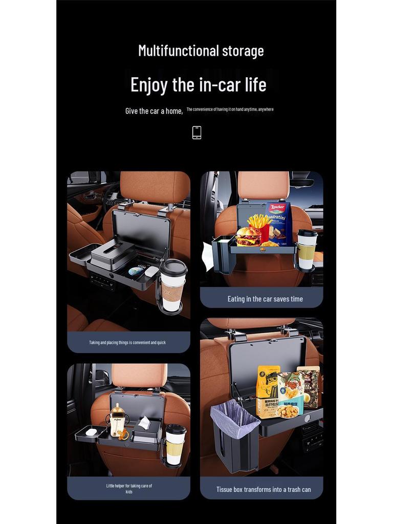 Univerzální organizér na zadní sedadlo auta s multifunkčním skládacím stolečkem, držákem na nápoje a boxem na kapesníky