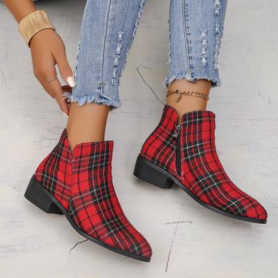 Duży Rozmiar Damskie Vintage Czerwone Kratkę Szpiczasty Nosek Modne Buty Zimowe Codzienne Buty