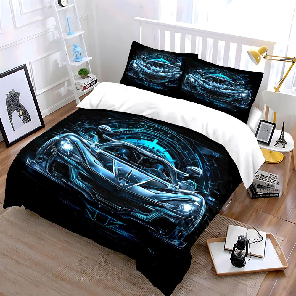 Cyberpunk Neon Blue Hypercar Bedding Set, Futuristic Tunnel Glow Sports Car Front View Print Metallic Cool Microfiber Bed Cover