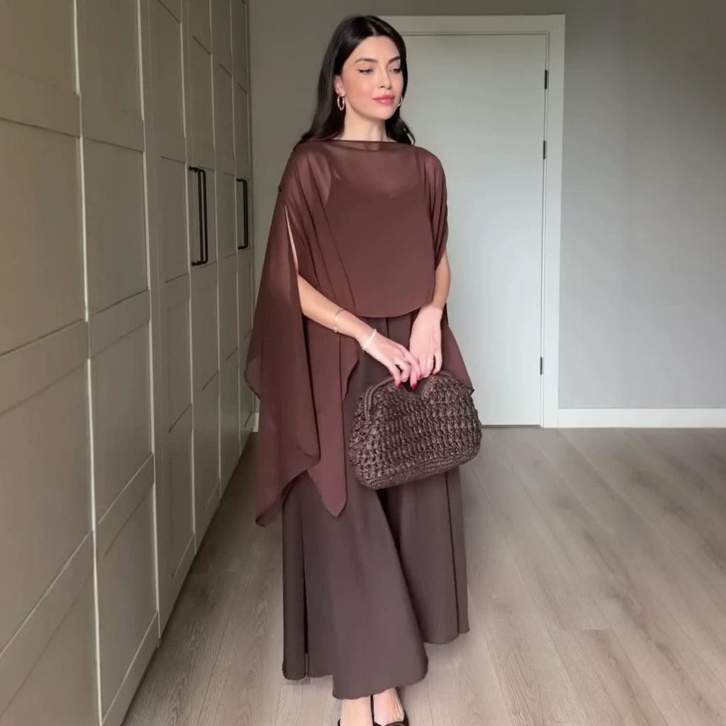 spring and autumn new European and American women's clothing loose meat covering tulle cape chiffon shawl suspender skirt set
