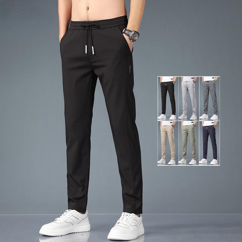Ice Silk Men's Pants Summer Black Gray Thin Business Casual Pants Outdoor Elastic Breathable Straight Leg Sweatpants