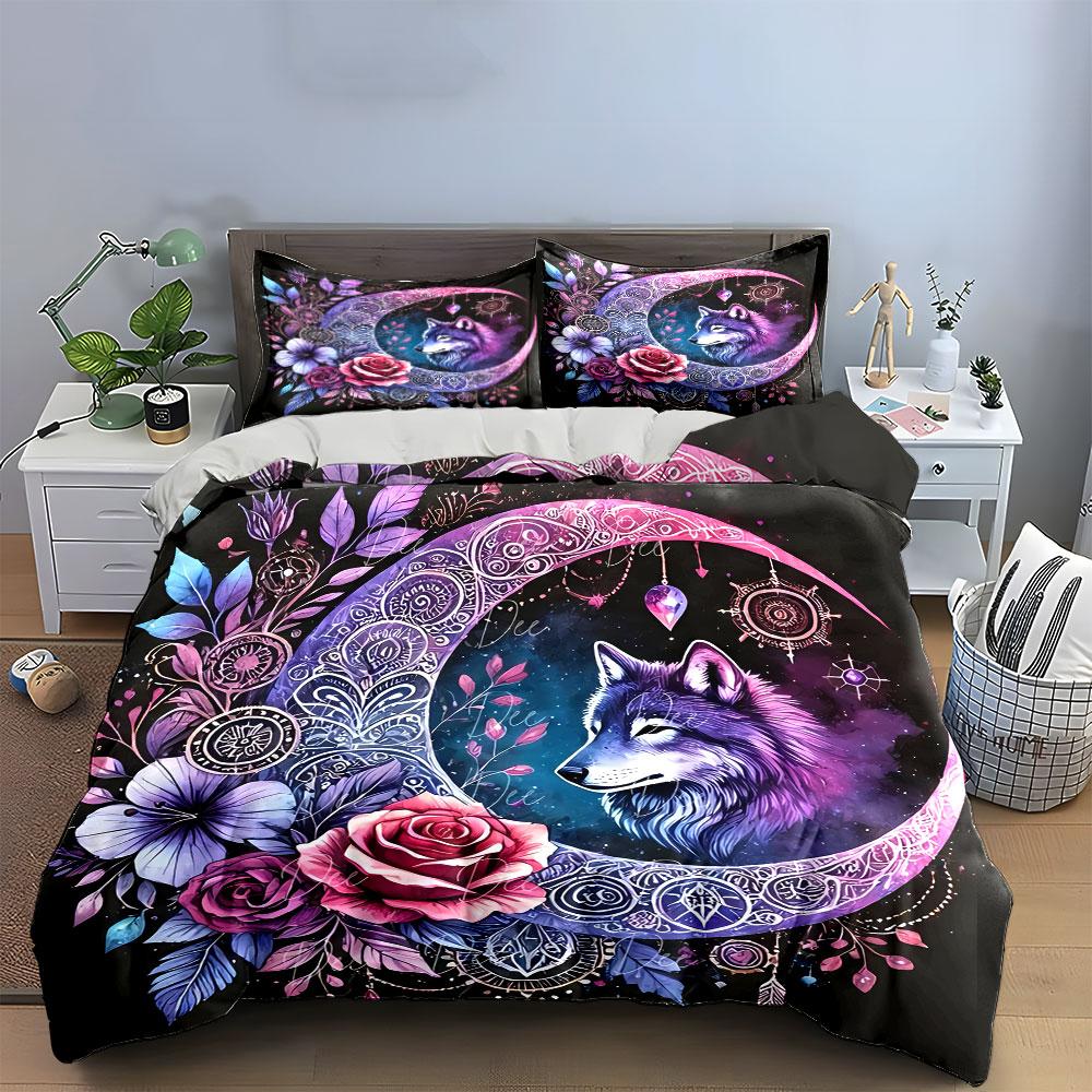 Moon Wolf Floral Decor Set Bedding Set with 1 Duvet Cover 2 Pillowcases Single Double King Queen, Gift