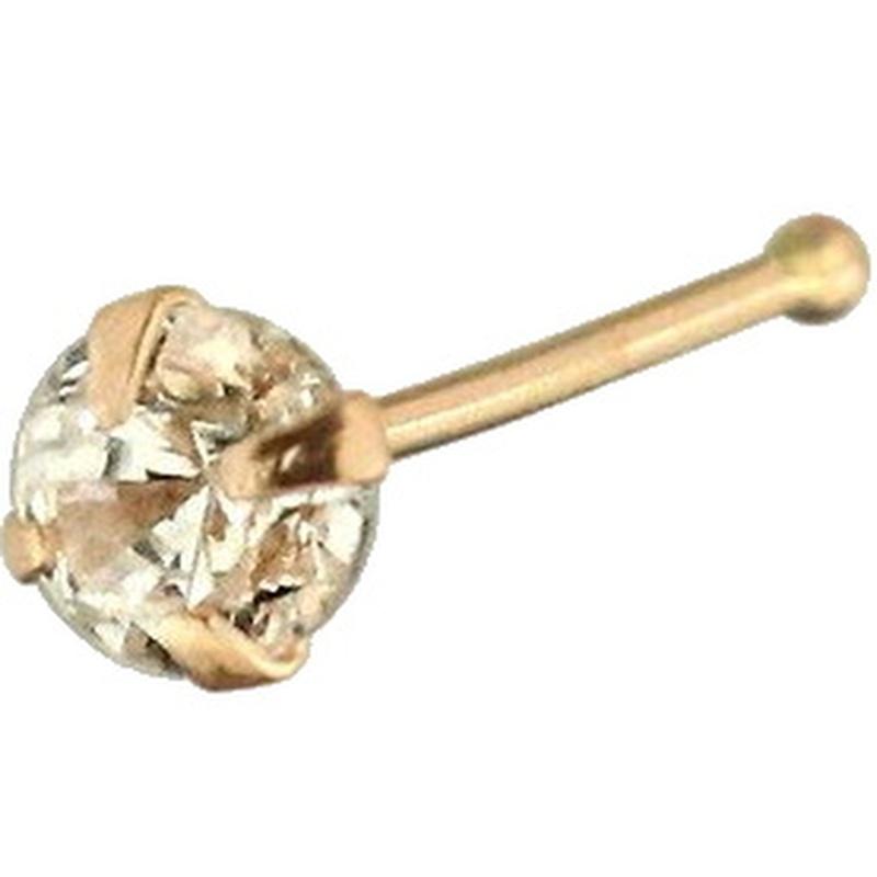KODY PIERCING 9K Solid Gold Ball End Jeweled Nose Pin With Cubic Zirconia CZ Round 3,0mm Set by 4 Prongs - Quality Piercing
