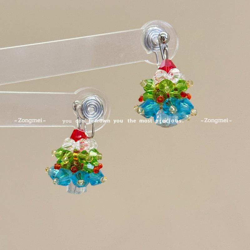 3D Christmas Tree Earrings with Red Bow - Heavy Beaded Crystal Ear Clips, Hand-Woven Holiday Accessories
