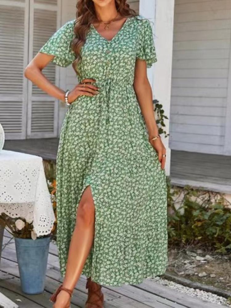 

Летнее платье с V-образным вырезом и цветочным принтом, с боковым разрезом, платье-запа́х с короткими рукавами для женщин, повседневное миди-платье А-силуэта S зелёный