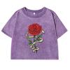 Red Roses Wrapped In Ribbons Prints T-Shirt Female Washed Retro New T Shirts Cotton Street Casual Clothing Women