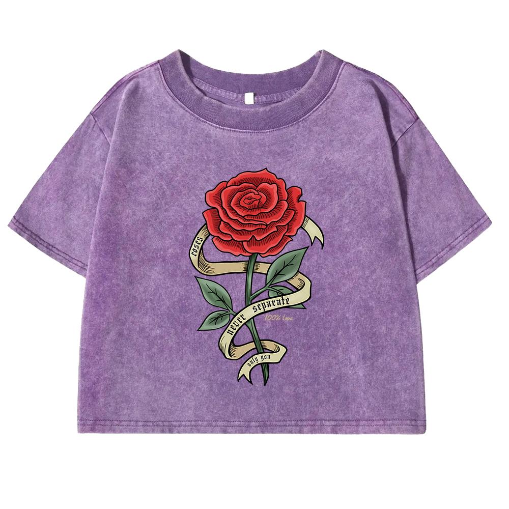 Red Roses Wrapped In Ribbons Prints T-Shirt Female Washed Retro New T Shirts Cotton Street Casual Clothing Women