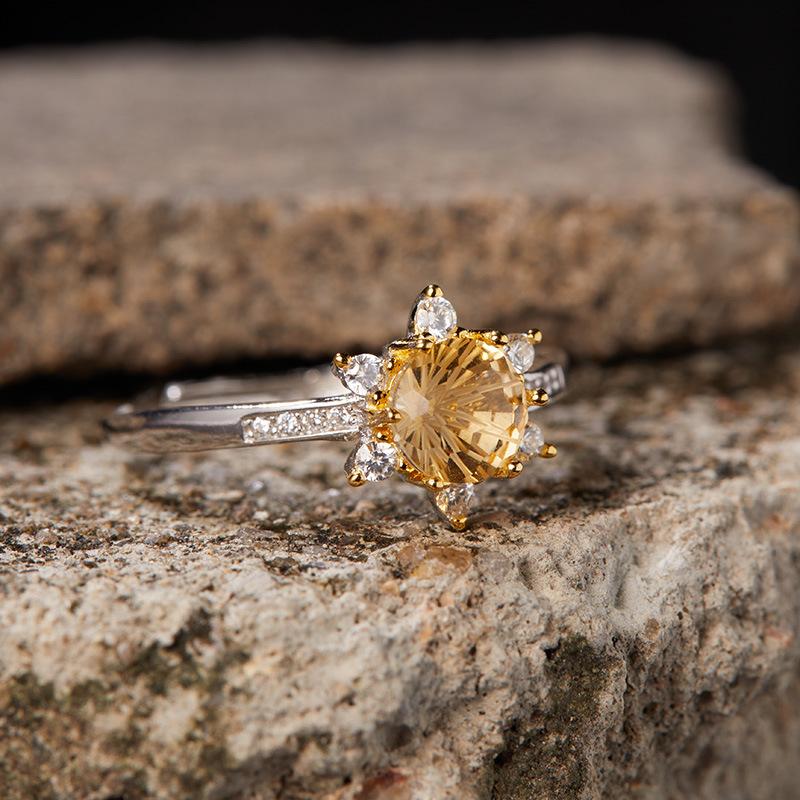 S925 Sterling Silver Natural Color Treasure Citrine Ring Sun Live Daily Light Luxury Lucky Women'S Open Ring