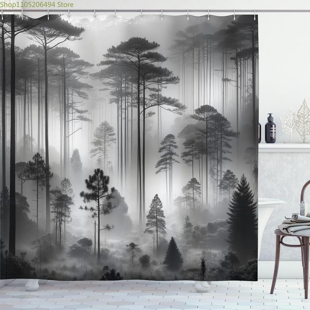Schwarz-weißer Duschvorhang neblige hohe Bäume Wald natürliche Landschaft Stoff Badezimmerdekoration Duschvorhang mit Haken