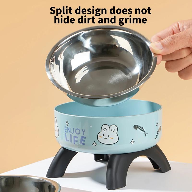 A cartoon printed high-legged pet bowl, large-capacity stainless steel dog bowl, neck-protecting cat bowl, universal fashion and