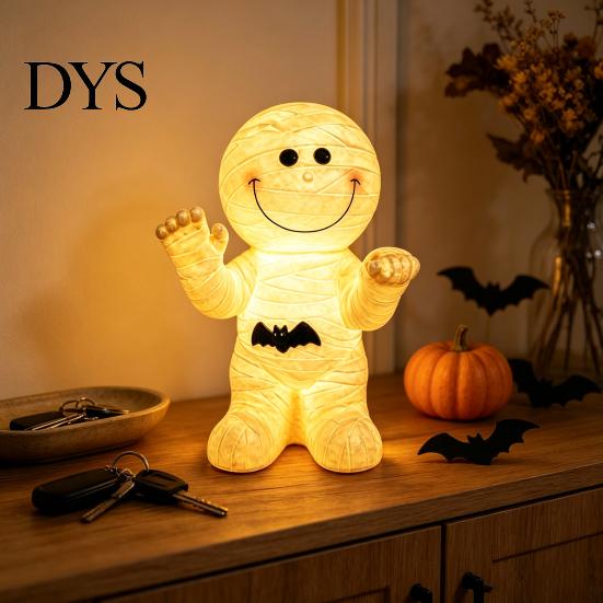 Unique Home Accents Resin Mummy Atmosphere Light, Halloween Smiling Statue with Cute Decor Bat Decor, Cartoon Figurine Light for Desktop Ornament Hand