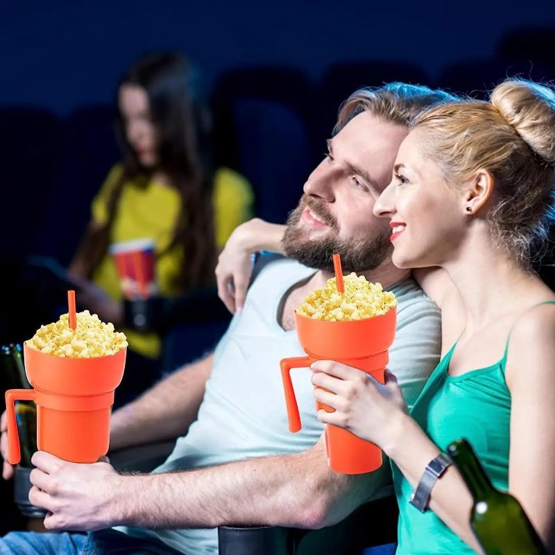 Neuer 2-in-1-Kreativ-Popcorn-Snackbecher, integrierter Getränkebecher mit Griff, tragbarer Getränkebecher, neuartiges Design und viele Funktionen