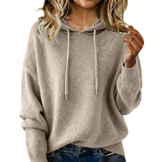 Women Sweater Hooded Adjustable Drawstring Long Sleeve Knitting Tops Loose Fit Solid Color Pullover Tops Knitwear Daily Wear