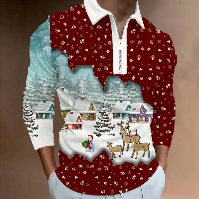 Men Fashion Spring Autumn Polyester Zippo Polo Shirt  Christmas 3D Digital Print Casual Polo Shirt Tops