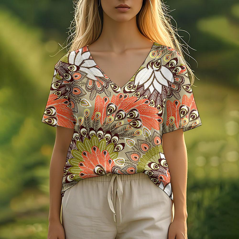 Women's T Shirt Summer Casual Short Sleeve V-Neck Tee Fashion Streetwear Ethnic Harajuku Female Oversized Clothing