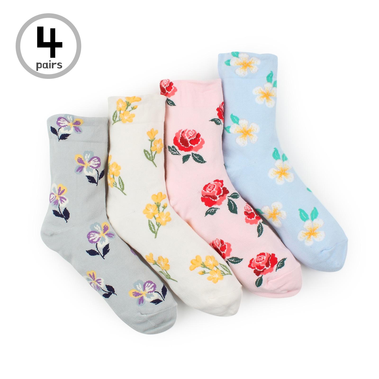 

(4 пары) Романтические модные женские носки с цветочным принтом FQ58