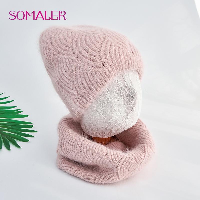 SOMALER Women's Winter Warm Fluffy Angora Hat Scarf Set Warm Angora Wool Knit Beanie  Neck Warmer 2 in 1 Gift Set
