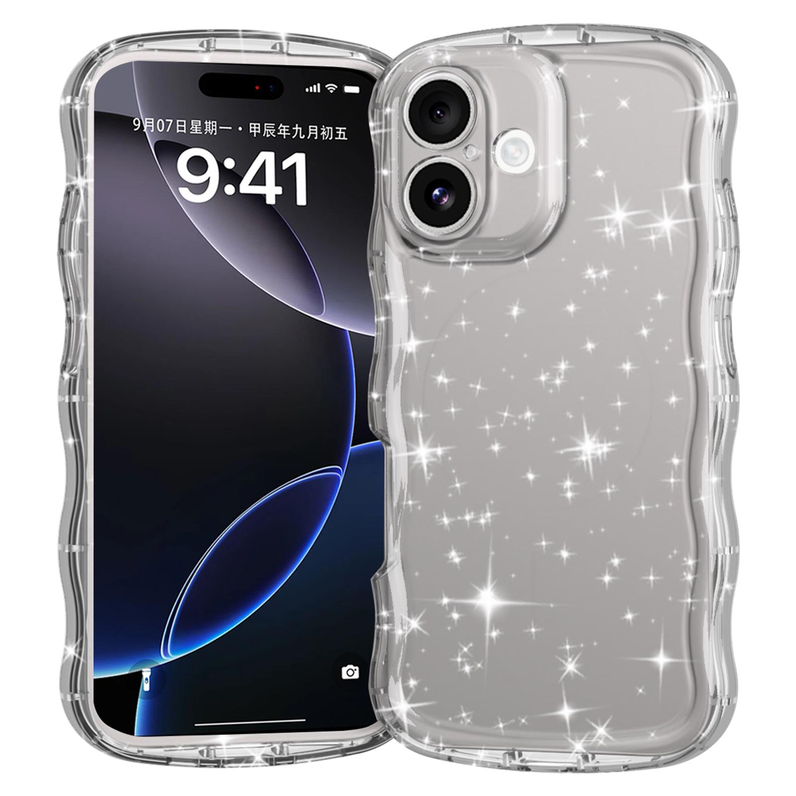 

For iPhone 16 Case Wavy Edge Transparent Glitter TPU Anti Drop Phone Cover A