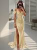 European and American women's clothing new one-word neck tube top skirt with big swing split ends sexy fashion dress sequined evening dress