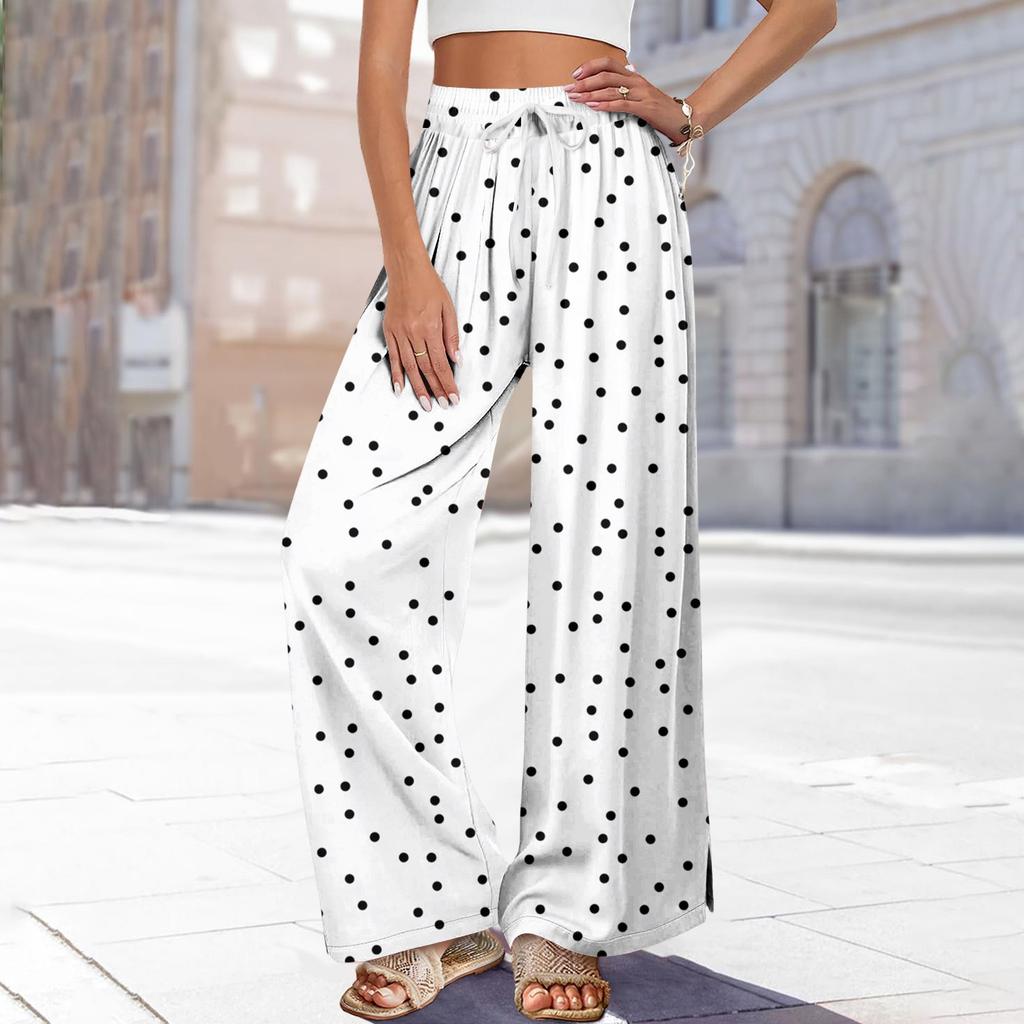 Women's Printed Wide Leg Pants With Pockets High Waist Drawstring Loose Casual Pants