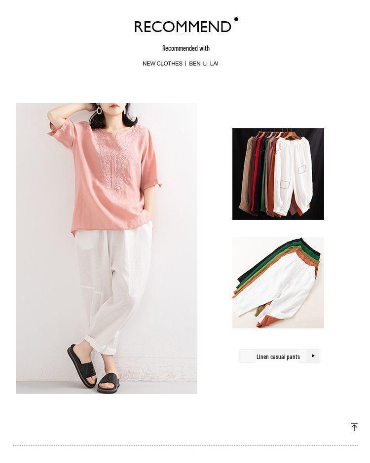 Tricou de damă din bumbac și in, culoare uni, mânecă scurtă - Top lejer retro la modă de vară 2024