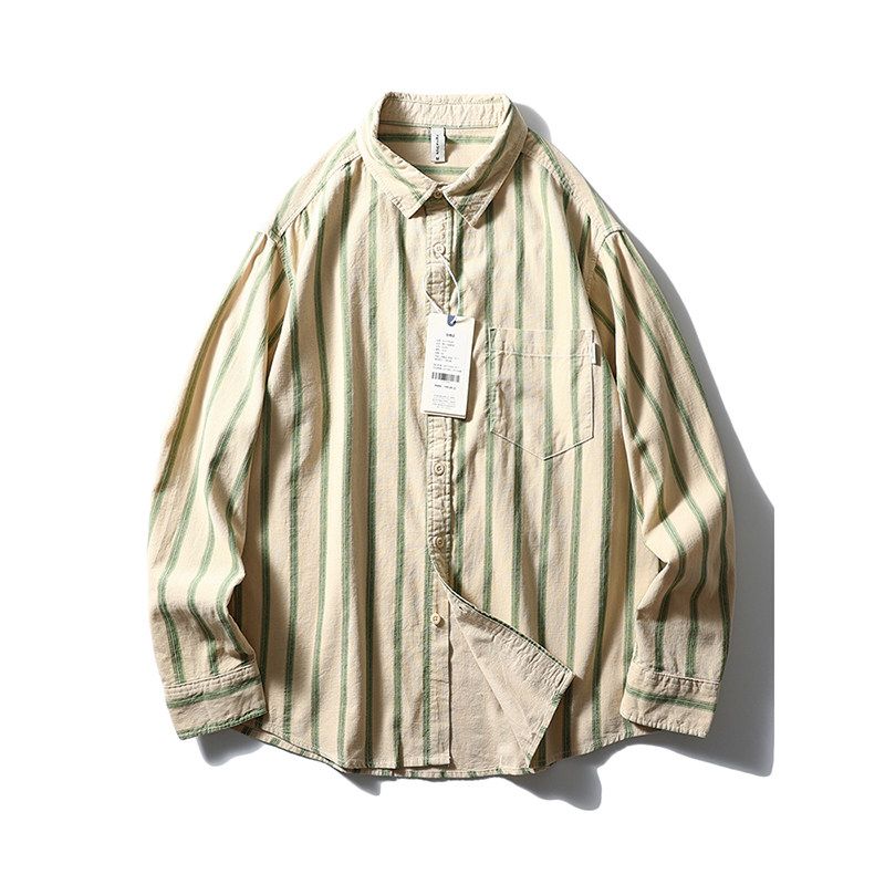 Japanese-Style Retro Pure Cotton Stripes Corduroy Shirt Men Long Sleeves Spring and Autumn Coat Export Men s Casual Shirt Khaki M